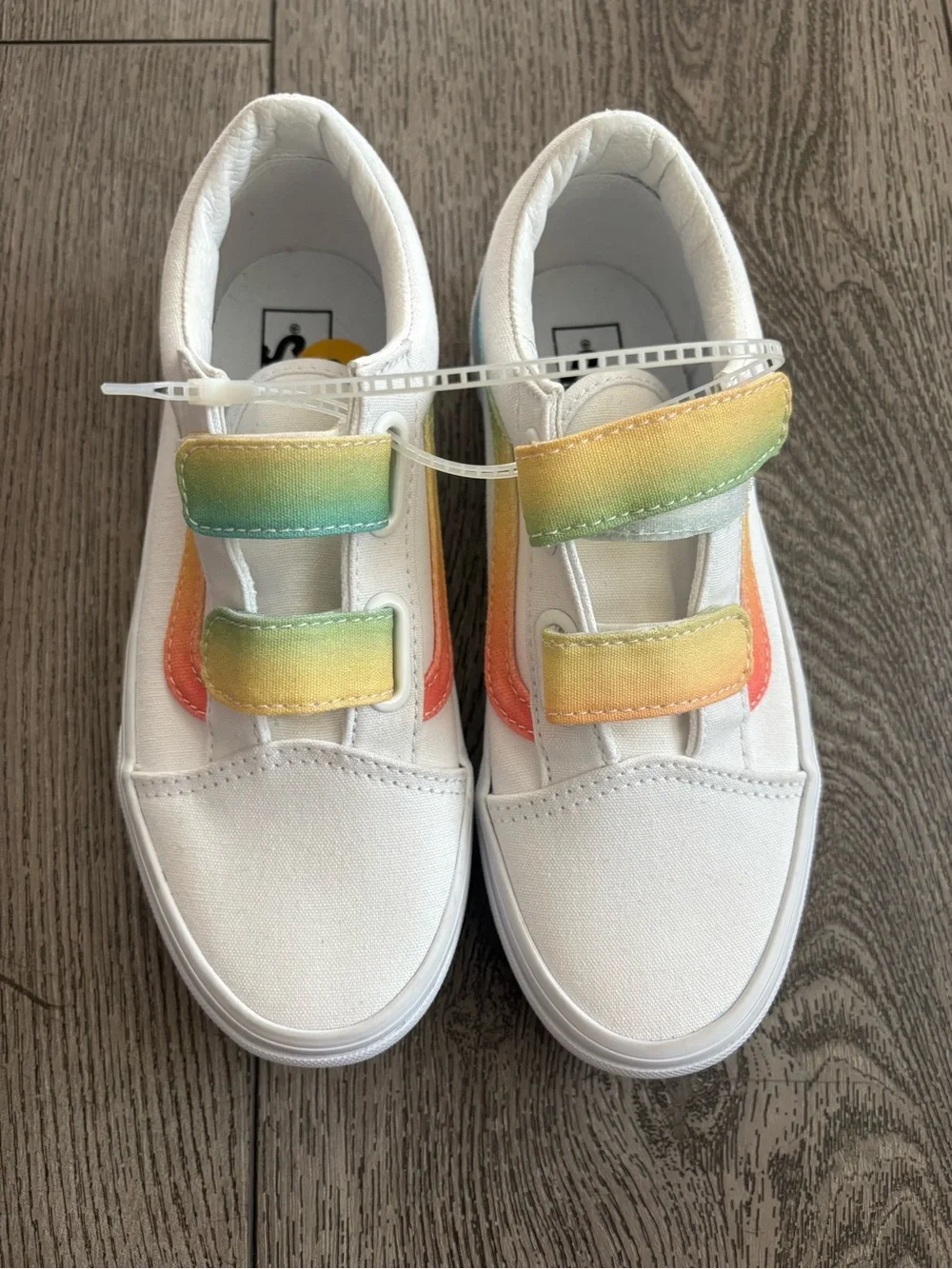 Vans Kids White Canvas Sneakers with Rainbow Gradient Straps NWOT
